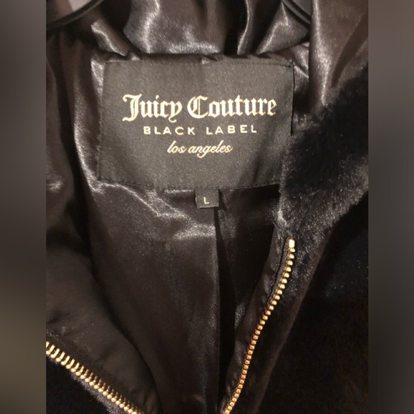 Juicy Couture Black Label Black Faux Fur Coat Full Zip Hooded Jacket Sz Large - Picture 3 of 5